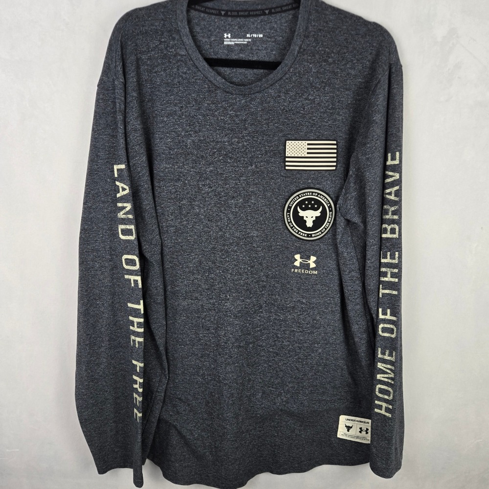 Under Armour Project Rock Freedom Mens XL Gray Long Sleeve Shirt Bull Logo USA